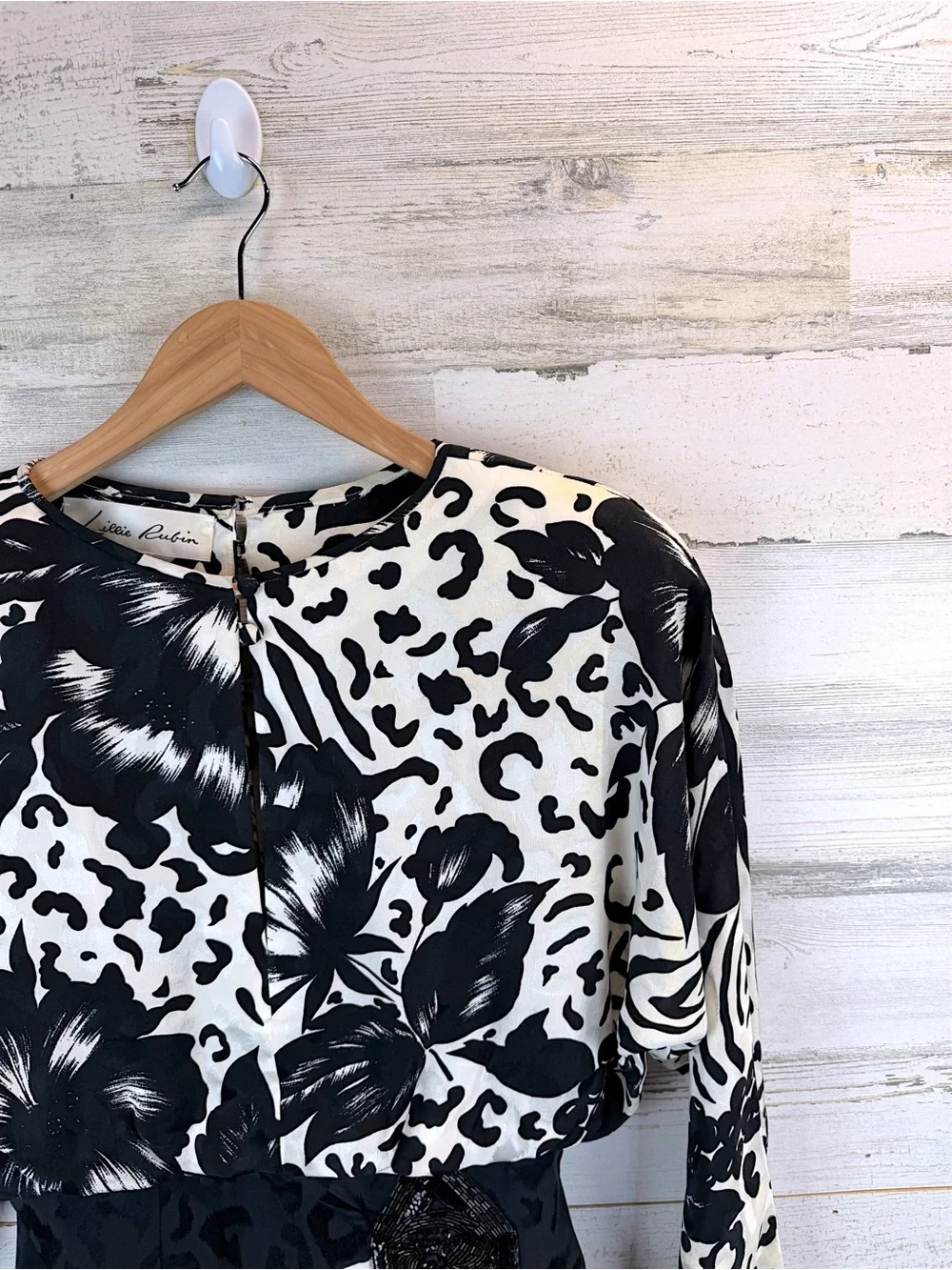 Vintage Lillie Rubin 100% Silk Cocktail Dress Black White Beaded Size 8 - Picture 9 of 14